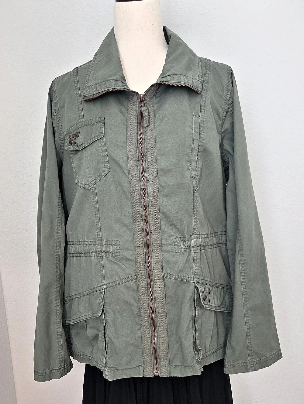 Womens Ashley Utility Jacket Olive Army Green Size Large Zipper Front Cinche